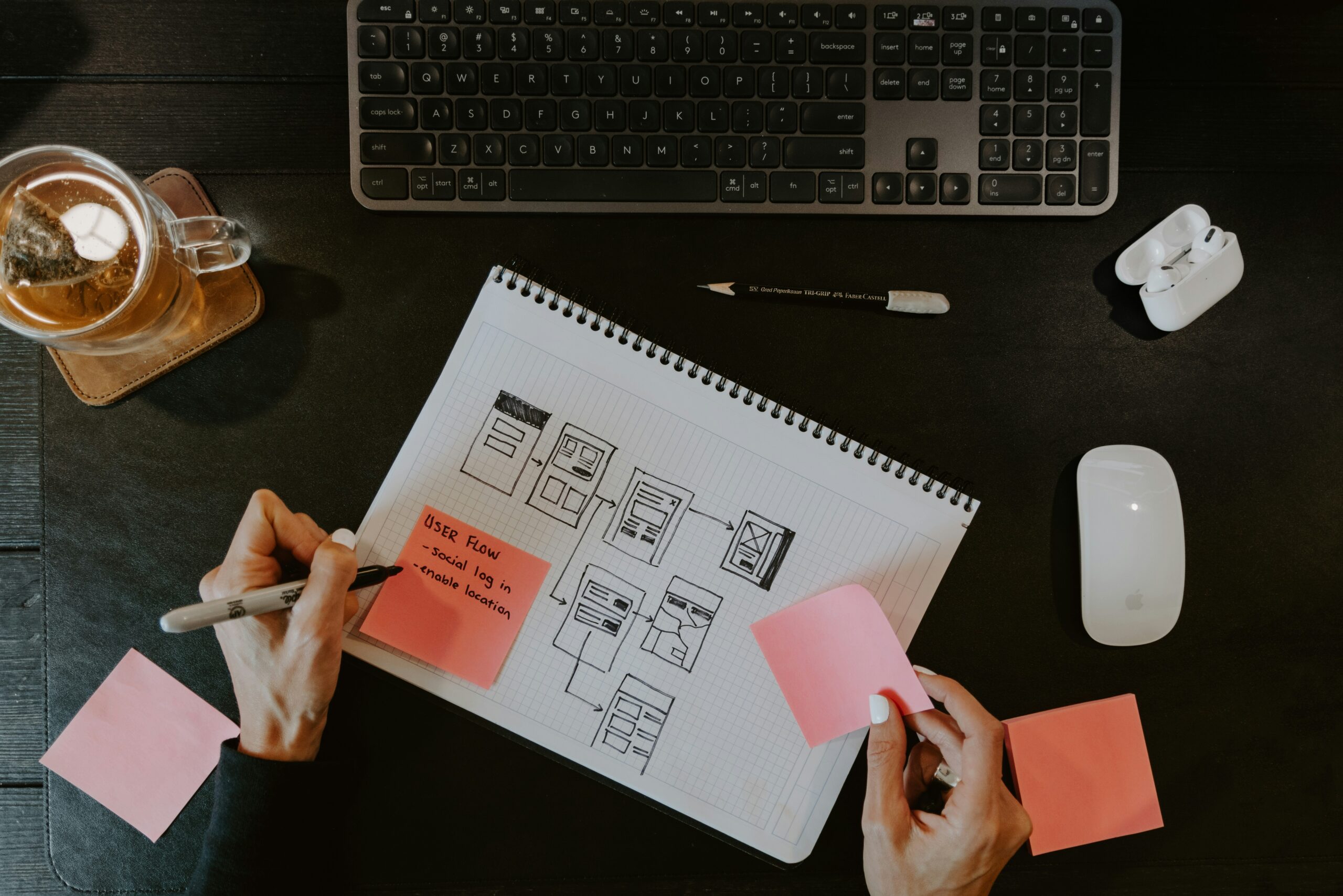 UX portfolio sketches and research notes on a desk